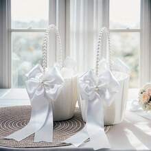 Giỏ hoa cho bé gái bằng satin màu ngà voi với tay cầm và nơ đính ngọc trai. - giỏ hoa - Xem 5