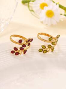 1pc/2pcs Stainless Steel Vintage Golden Leaf Shaped Open Ring, Suitable For Teenagers Daily Wear Or Gift - Gold - View 3