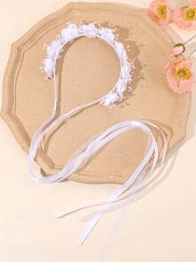 1件蓝色网纱花朵发箍，配人造珍珠流苏，优雅配饰，适用于婚礼、晚宴、派对，适合编发、马尾辫、发髻和其他发型。 - 白色 - 查看 5