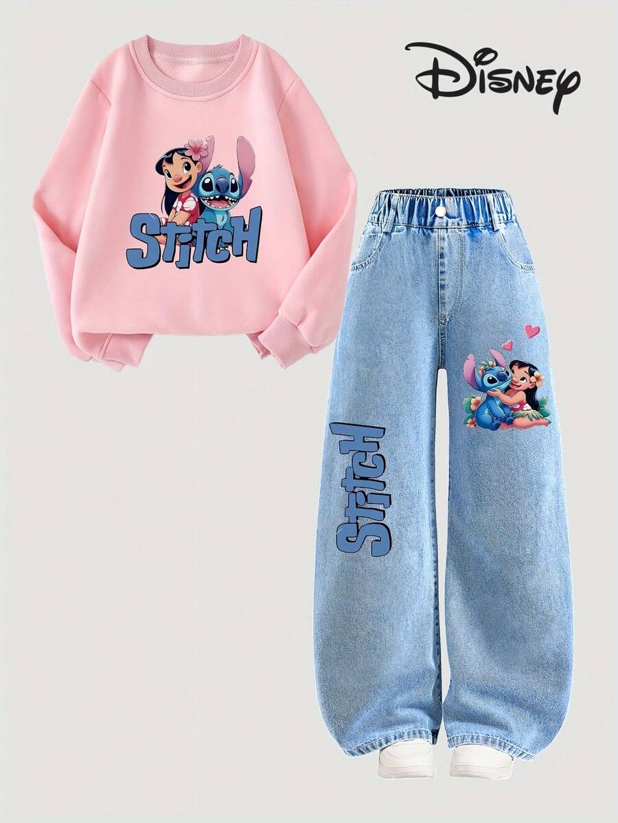 Disney Officially Licensed Kids Outfit Set For Ages 1-14, Unisex Pink Sweatshirt + Light Blue Jeans, 100% Polyester, Ultra Comfortable & Super Soft, Stitch And Lilo Print, High Visual Appeal, High Turnaround Rate, Everyday Stylish & Versatile, Relaxed Fit, Fashionable Design, New Arrival, Express Delivery - 粉紅色衛衣+淺色牛仔褲 - 查看 1