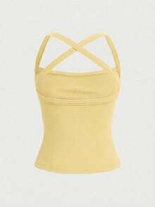 Solid Color Sexy Backless Criss-Cross Strap Casual Sporty Blouse Tank Top, Casual Women Outfits, Summer - Yellow - View 6