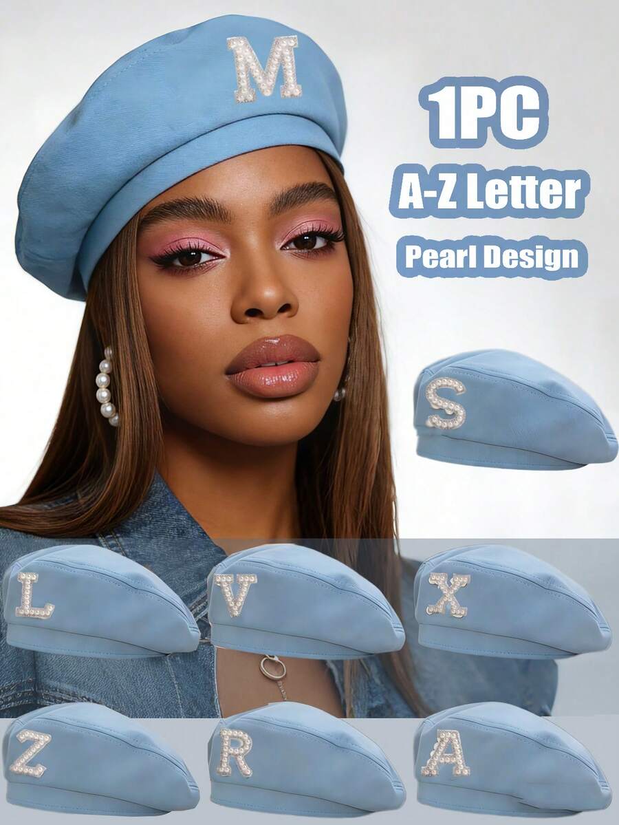 1 chiếc mũ beret nữ màu trơn, trang trí 26 chữ cái bằng ngọc trai, mũ thời trang thường ngày thanh lịch kiểu retro có thể điều chỉnh, quà tặng phong cách đường phố tối giản - Màu xanh bụi bặm - Xem 1