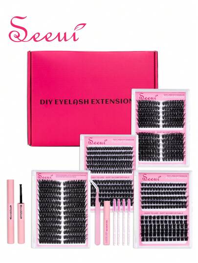 822 piezas/234 piezas/216 piezas/204 piezas Grupos de pestañas postizas, Kit de extensión de pestañas, Set de pestañas personales mixtas de 10-18mm que incluye pegamento para pestañas, removedor, rizador, cepillo, adecuado para uso diario o celebraciones de vacaciones para diseño de maquillaje de pestañas DIY