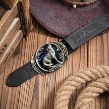 Western Cowboy Wolf Style Men's Belt - Asymmetrical Pattern Carved Floral Long Horn Cow Head, Smooth Buckle Women's Belt - Country Music Festival Equestrian Belt, Pair With Jeans, Christmas Gift, Animal Bohemian Vintage Casual PU Leather New Belt, 4 Seasons - Orange - View 6