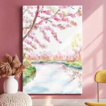 1pc Blue Summer Wall Art, Beach Decor, Ocean Framed Wall Art, Wrapped Canvas Poster Vintage Prints, Tree With Pink Flowers, Body Of Water,  Landscape - Botanical, Watercolor, Realistic, Delicate Style, Home Living Room Bedroom Ofice Wall Decor, Birthday Party Decor, Hanging Hardware Included - Wrapped Framed Canvas, Vertical - Lienzo enmarcado - Ver 4