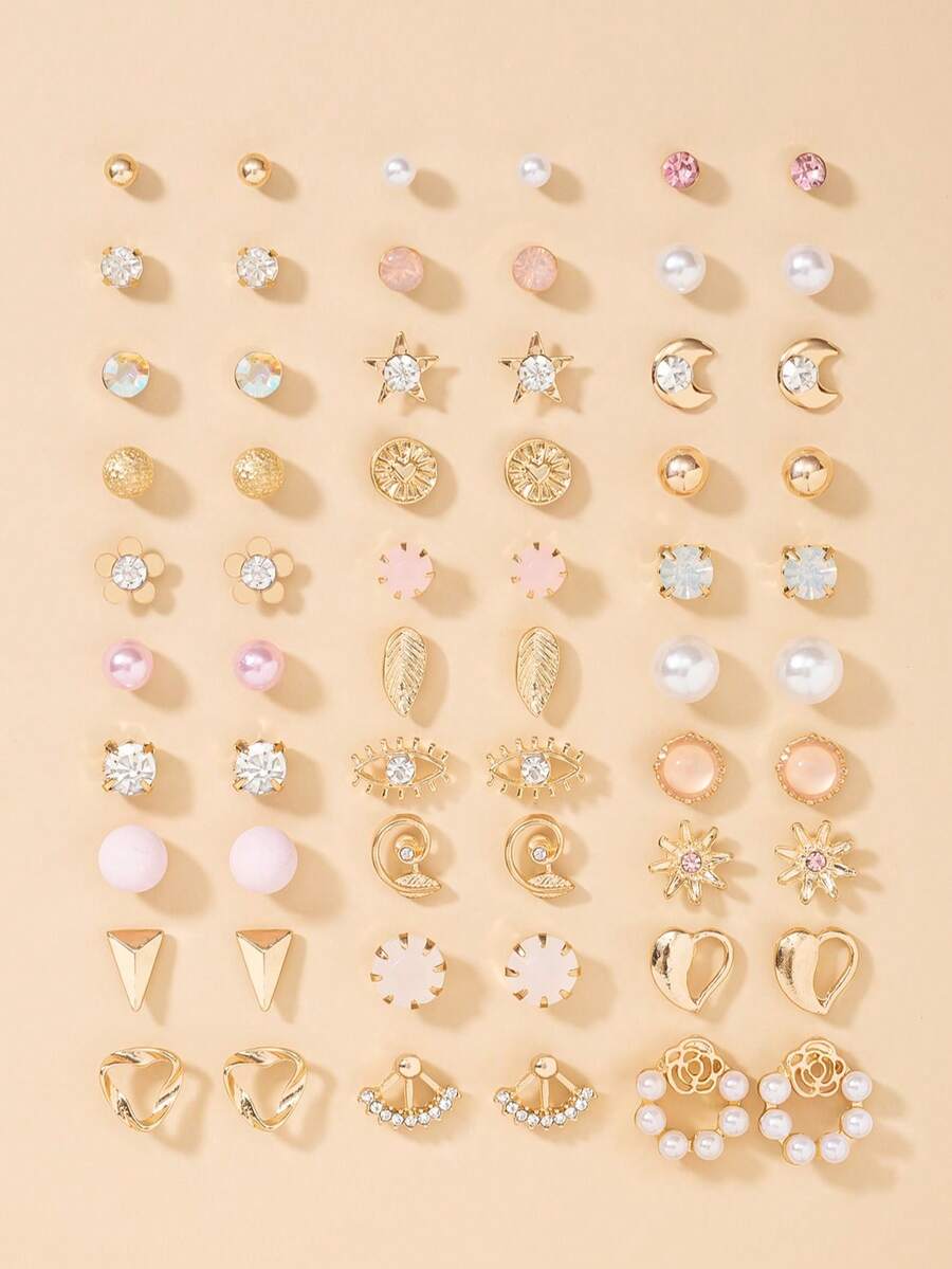 30对/套金属仿珍珠耳环，简约可爱时尚爱心、水滴、蝴蝶、水钻、花朵、太阳造型，百搭日常佩戴首饰礼盒套装，女士适用