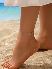 1pc Minimalist Faux Pearl Double-Layer Chain Anklet, Suitable For Beach, Party, Daily Wear, Birthday, Holiday, Perfect Gift - Gold - View 2