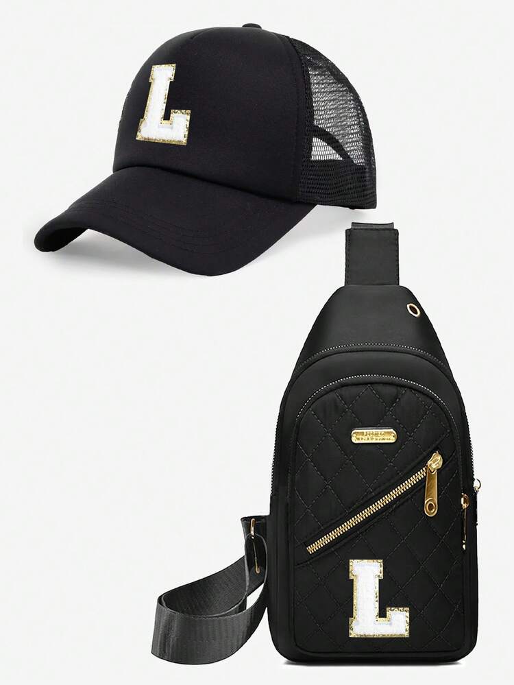 2pcs Adult Gift Set, Personalized 26 Letter Decor Sun Visor Cap + Letter Crossbody Bag, Suitable For Daily Commute, Hiking, Camping, Outdoor Street Wear, Applicable For Spring And Summer Casual Outfits,Beach,Holiday,Festival,Travel - Black - View 30
