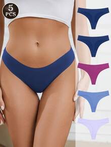5pcs/Set Silky Sexy T-Back Seamless Elastic Thong Panties For Women, Low Waist - Multicolor - View 5