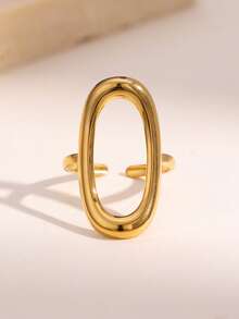 1pc Minimalist Elegant Versatile Geometric Hollow Elliptical Open Ring, Plated Stainless Steel, Suitable For Women's Daily, Party, And Date Wear - Open Ring - View 2