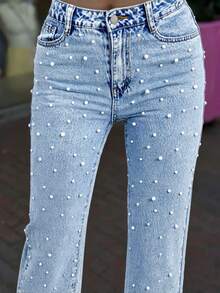 Women's Straight Leg Jeans Fully Embellished With Pearls, Mid Rise Non-Stretch Solid Color Pants For Evening & Parties - 淺色水洗藍 - 查看 5