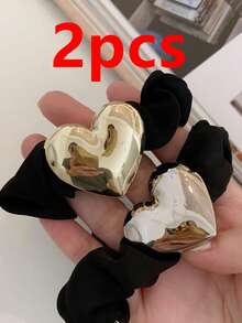 2个金属心形发圈，简约黑色马尾发圈 - 彩色 - 查看 10