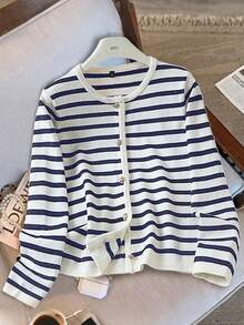 Áo khoác cardigan dệt kim cổ tròn kẻ sọc thanh lịch, áo len thường ngày đa năng, áo khoác công sở phong cách retro dành cho nữ, mùa thu. - Màu xanh hải quân - Xem 4