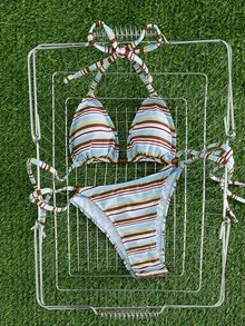 Model Bikini Segitiga dengan Tali Bahu Tipis dan Pita, Motif Garis-garis Kontras Warna, Gaya Eropa dan Amerika untuk Wanita, Cocok untuk Liburan Pantai dan Musim Panas. - Baby Blue - View 5