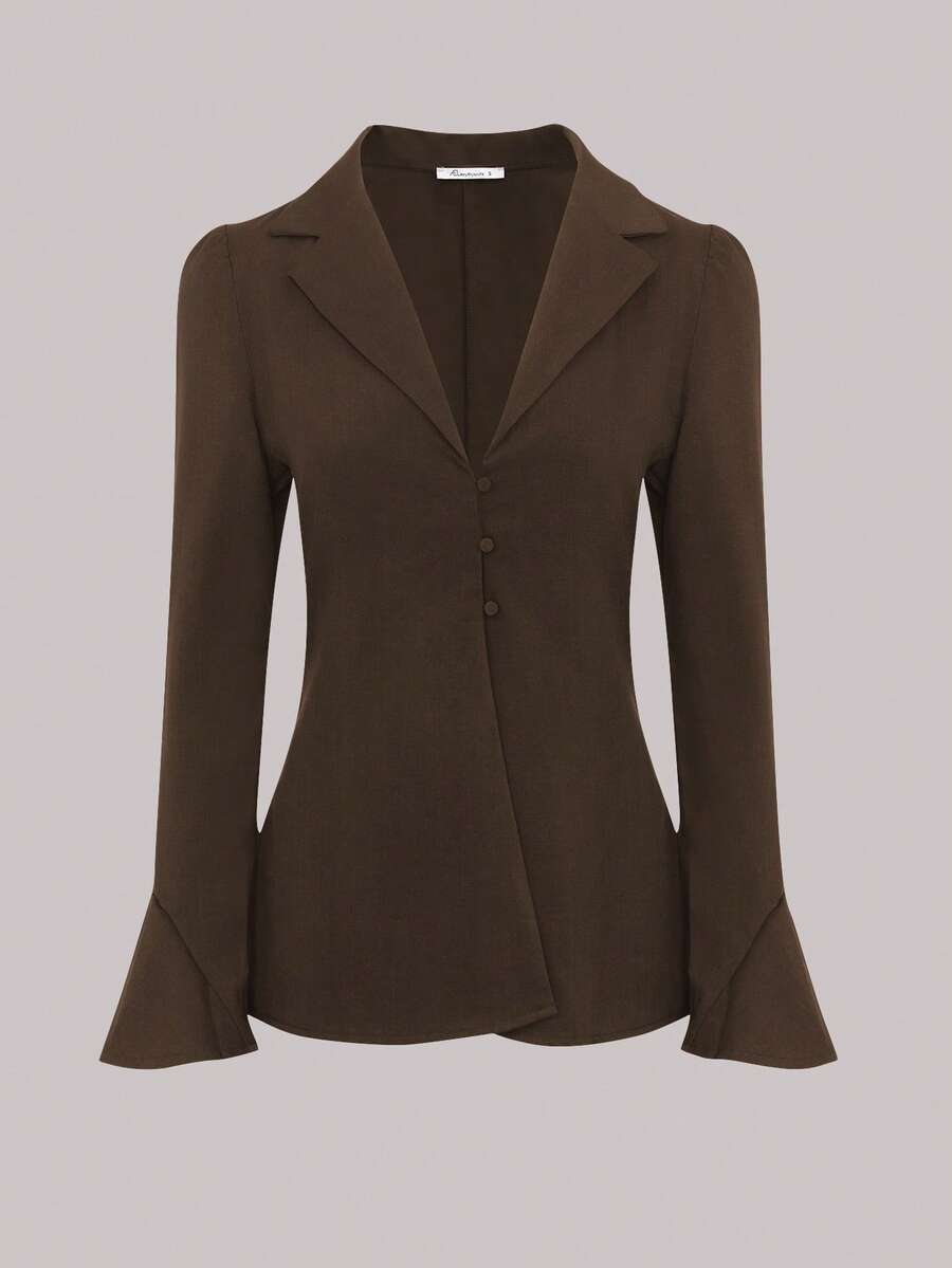 SHEIN Black Friday x Star Picks 女款收腰平領極簡風喇叭袖襯衫,休閒日常穿著,夏季長袖上衣,商務休閒春季風格 - 棕色 - 查看 1