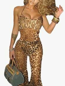 女士时尚性感豹纹无袖吊带连体衣，修身显瘦，凸显曲线，搭配高腰紧身喇叭裤，弹力面料，显瘦时尚两件套，吊带背心+长裤，夏季 - 彩色 - 查看 4