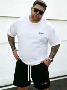 Plus Size Men's Simple Crew Neck Short Sleeve Top And Shorts Set, Casual Summer Outfit - Black and White - View 2