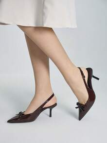 7cm Women's Pointed Toe Bow Decor Buckle Design Fashionable High Heels, Versatile Daily Wear - Black - View 3