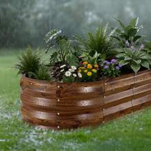 2 Pack Galvanized Raised Garden Beds, 4 X 2 X 1 Ft, Oval Metal Planter Boxes Kit Outdoor, Bottomless Elevated Garden Box With Gloves, Alu-Zinc, For Planting Flowers Vegetables, Deep Wood Grain - 4*2*1ft Dark wood grain 2-piece set - 查看 1