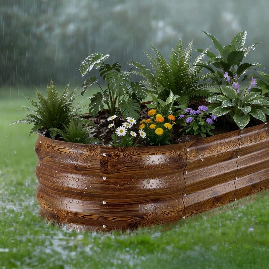 2 Pack Galvanized Raised Garden Beds, 4 X 2 X 1 Ft, Oval Metal Planter Boxes Kit Outdoor, Bottomless Elevated Garden Box With Gloves, Alu-Zinc, For Planting Flowers Vegetables, Deep Wood Grain - 4*2*1ft Dark wood grain 2-piece set - 查看 1