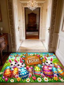 1件装复活节兔子和彩蛋图案防滑易清洁耐用涤纶纤维地毯，轻便机织，适用于浴室、客厅、卧室、厨房、办公室 - A - 查看 4