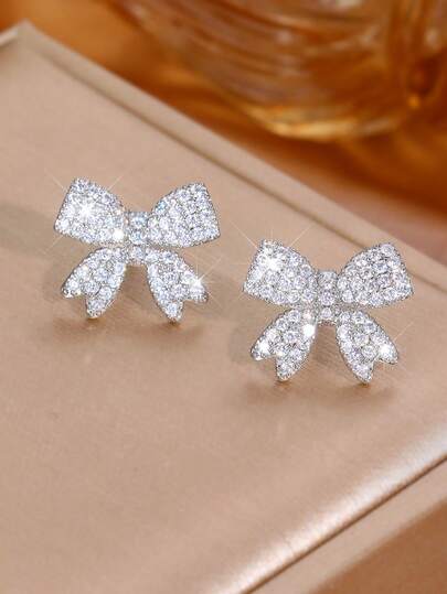 1 par de pendientes de botón con lazo de cristales brillantes para adolescentes, joyería linda y dulce para fiestas