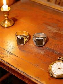 1pc Squared Rhinestone Stainless Steel Ring For Men, Durable Waterproof Non-Fading Hypoallergenic, Suitable For Daily Wear, Business Travel - Black Stone-set Men's Ring - View 8