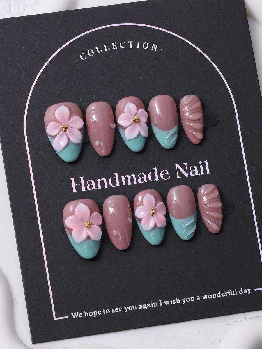 10片/套，欧美手工制作，Y2K粉色法式风格，短杏仁形美甲贴纸，3D手绘装饰漩涡及手绘图案，美甲装饰必备。内含1片果冻胶和1把指甲锉。日常使用完美，也适用于科切拉音乐节等场合的造型，是美甲贴片和指甲护理的理想之选。 - 粉色 - 查看 1