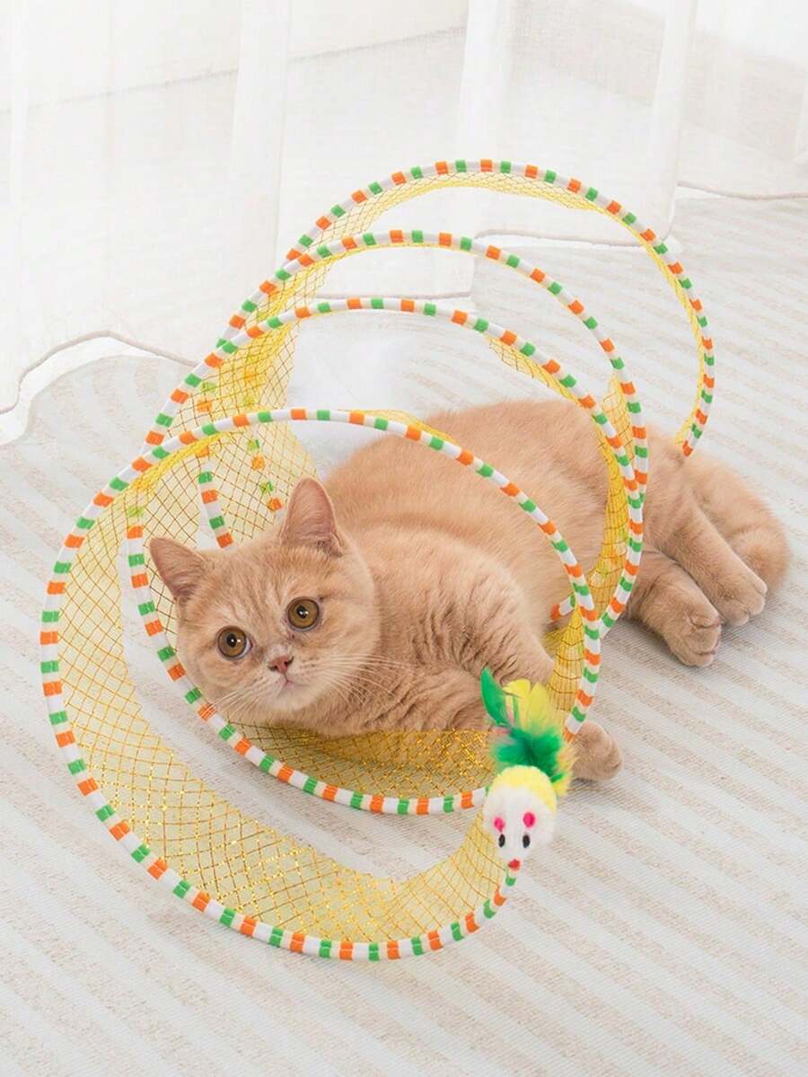 1个可折叠猫隧道玩具，带铃铛和羽毛，猫咪互动娱乐玩具 - 彩色 - 查看 1