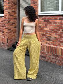 2026早春新款女士休闲优雅街头风高腰弹力格纹黄色阔腿裤，适合演唱会、音乐节等场合，展现Y2K时尚风格，也适合休闲穿着、沙滩装、春季服饰、街头风、毕业季、夏季、假日或度假等场合。 - Butter Yellow - 查看 4
