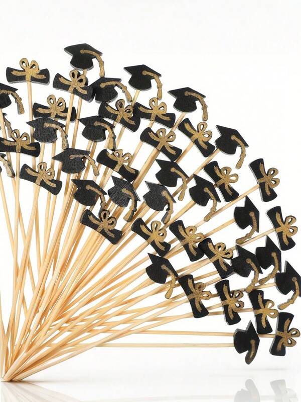100pcs - Graduation Cocktail Picks, Bamboo Toothpick Decorated With Graduation Cap, Wooden Sticks For Fruit, Sandwiches, Cakes Decoration, Party Supplies, Ideal For Graduation Ceremony, Birthday And Dinner Party, Cupcake Decoration, Wedding Decoration