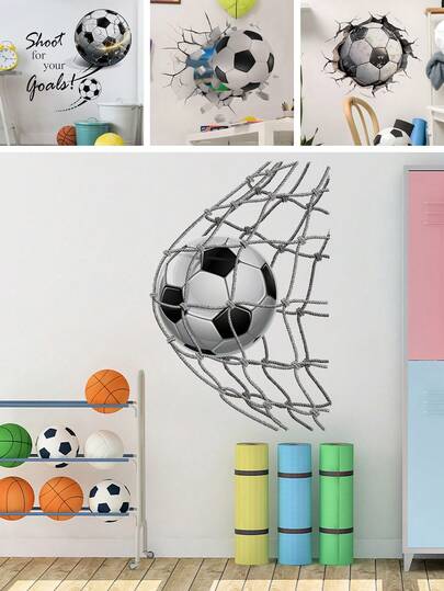 BRUP 1 Sheet Soccer Goal In Motion Wall Sticker, Dynamic Football Trapped In Net Silhouette Decal For Boy's Playroom Or Sports Themed Nursery Classroom, Removable Peel And Stick, Action-Packed Sports Theme Wall Art