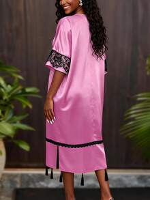 African Pink Satin V-Neck Loose Tassel Lace Fitted Dress, Shiny Church Formal Occasion Dress - Pink - View 3