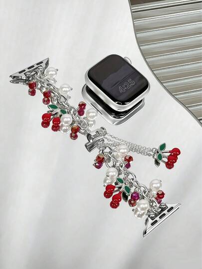 1 Stück Band, geeignet für Damen und Herren. Feiertags-Rot Weihnachts-Kirsche Perlen-Dekor in Gold, kompatibel mit Apple Watch 38mm 40mm 41mm 42mm 45mm 46mm 49mm, kompatibel mit Apple Watch Series 10/9/8/7/6/5/4/3/2/1/SE/Ultra, verstellbares Armband, Valentinstag Geschenk