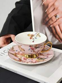 一套骨瓷金彩花鸟图案陶瓷咖啡杯碟，美式拿铁杯碟，家用水杯，下午茶咖啡杯，节日礼物，生日祝福，派对用品 - 彩色 - 查看 11