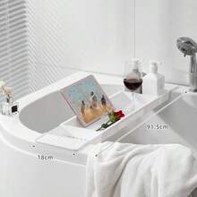 Extendable Bath Tub Caddy, Foldable Wooden Bathtub Storage Rack, Bath Tub Phone Holder Shelf - White - View 3