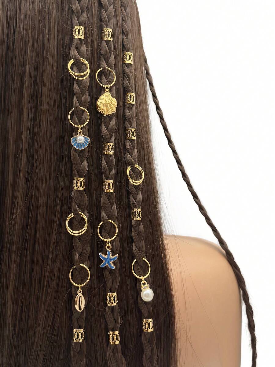 45pcs Summer Ocean Style Star & Shell Hair Scrunchies, Suitable For Braiding, Fashionable Daily Wear, Beach Vacation, Date, Party, Travel - Gold - View 1