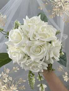 1 Bouquet Handmade Mini Artificial White Rose Flowers, Suitable For Bridesmaids, Weddings, Photography, Party & Festival Decor, Valentine's Day,Summer,Beach - Multicolor - View 4