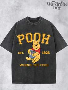 Disney Printed Wash Water T-Shirt,Classic Winnie The Pooh Holding A Honey Pot Pattern Print T-Shirt,Unisex,High-Quality Pure Cotton T-Shirt,Suitable For All Seasons, Comfortable And Breathable| Exquisite Design | The Best Choice For Giving Gifts - 黑色 - 查看 2