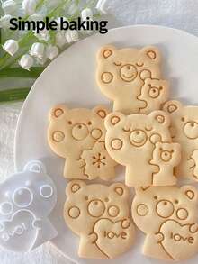 A Cartoon Teddy Bear Patterned Cookie Cutter, A Cute Teddy Bear Holding (With Hearts, Flowers, Or Baby Bear) Cookie Stamp, A Kitchen Family-Friendly Cookie Mold, A Gift For Children, A Pastry-Making Tool - View 3