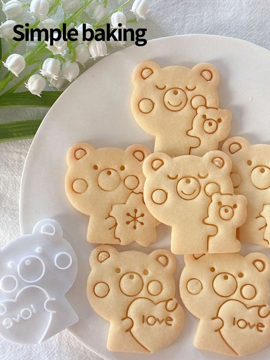 A Cartoon Teddy Bear Patterned Cookie Cutter, A Cute Teddy Bear Holding (With Hearts, Flowers, Or Baby Bear) Cookie Stamp, A Kitchen Family-Friendly Cookie Mold, A Gift For Children, A Pastry-Making Tool