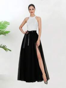 1 pieza Falda larga negra para mujer, falda de estilo gótico con abertura lateral blanca/roja para actuación en escenario, falda con lazo en la cintura, falda con superposición transparente, falda interior de malla de 150 cm de largo, linda minifalda - Multicolor - Ver 2