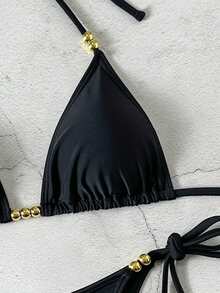 Bộ bikini đen cơ bản gợi cảm buộc dây cổ, trang trí hạt vàng, đồ bơi mùa hè mới cho kỳ nghỉ biển. - màu đen - Xem 5