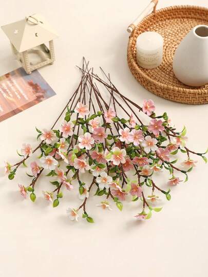6/12pcs Artificial Flowers Peach Blossom, 11inch Simulation Peach Blossom Branches, For Table Centerpieces, Wedding Decoration, Vase Filling, Hotel Decoration, Spring Decoration, Home Decoration, Floral Arrangements, Holiday Party Decoration, Valentine's Day