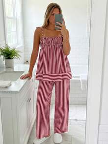 Women Summer Striped Set Tie Shoulder Ruffle Tops and Straight Pants 2 Piece Casual Outfit - Rojo - Ver 4