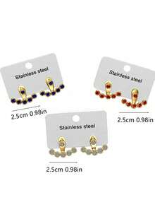 3 pares de pendientes con forma de abanico de acero inoxidable con rhinestones, pendientes ajustables de personalidad de diseño minimalista y de lujo versátiles para mujeres, con uso delantero y trasero desmontable - Multicolor - Ver 10