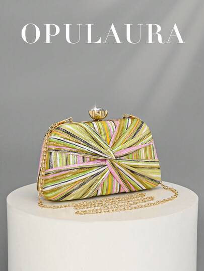 OpulAura 1pc New Striped Pattern Women's Handbag, 2026 Vintage Multi-Color Striped Chain Evening Bag, Suitable For Party Girls, Brides, Newlyweds And Professionals For Parties, Balls, Weddings, Mini Box Packaged (Pattern Random), Suitable For Work, Business Travel, Outings, Commuting, Asymmetric Striped Pattern Bag