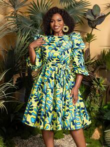 Faeriesty Plus Size Elegant High Collar Dress: Mid-Calf Length Flare Sleeve Dress, All-Over Geometric Print, A-Line Silhouette, Lightweight And Soft Fabric, Ideal For Garden Weddings, Destination Wedding Photoshoots, Outdoor Ceremonies, Romantic Portrait Sessions, Bohemian Fashion Editorials Vacation Spring - Green - View 6