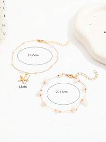 2pcs Bohemian Style Faux Pearl Starfish Pendant Anklet, Asymmetrical Stone Layered Anklet Set For Women - Gold - View 6