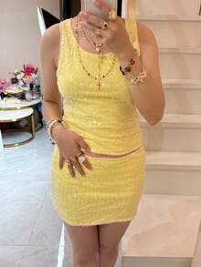 Women's Slim Sequin Two-Piece Outfit Sexy Sleeveless Y2K U-Neck Tankini Top And Mini Skirt For Club Party - 黃色 - 查看 4